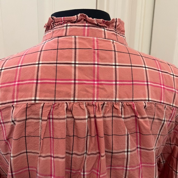 Loft Rose Pink Plaid Ruffle Neck Button Down Long Sleeve Shirt - Picture 8 of 15